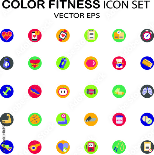 Flat multicolor vector icon set on colored circular backgrounds. Icons included pertain to fitness, health and wellness. Fully editable. Royalty free. 
