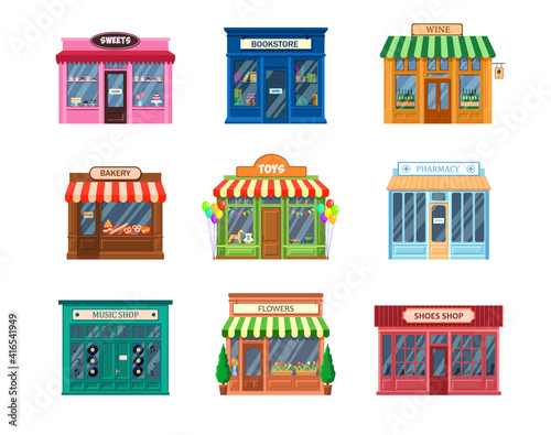 Fototapeta Naklejka Na Ścianę i Meble -  Various storefronts set. Traditional shop buildings and entrance, cafe facade, sweets, bookstore, pharmacy, bakery, flowers, wine, shoes stores. For small business, retail concept