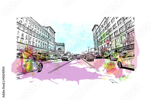 Building view with landmark of Novosibirsk is the
city in Russia. Watercolour splash with hand drawn sketch illustration in vector.