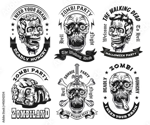 Black label designs with zombie head vector illustration set. Vintage badges with walking dead. Horror and fantastic creatures concept can be used for retro template, banner or poster