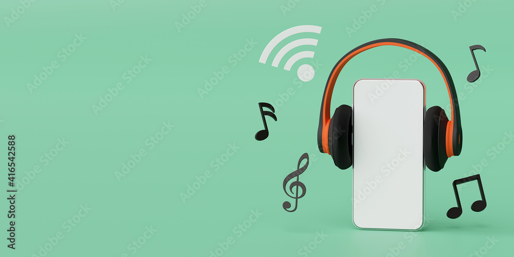 Music streaming on smartphone application, 3d illustration Music streaming on smartphone application, 3d illustration