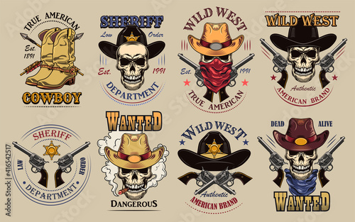 Vintage wild west flat sign set. Colorful saloon or rodeo emblems and labels with cowboy skulls, guns and boots vector illustration collection. Wanted placard and sheriff department design concept