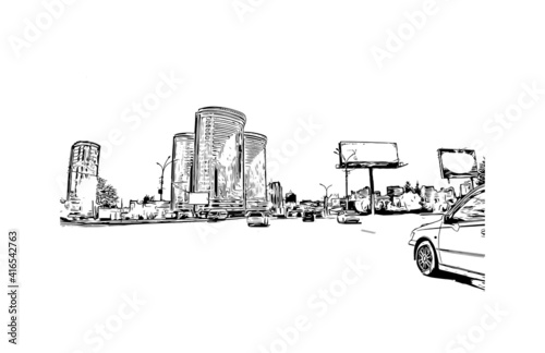 Building view with landmark of Novosibirsk is the
city in Russia. Hand drawn sketch illustration in vector.