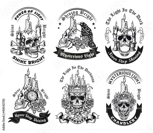 Vintage badges with candle on skull vector illustration set. Monochrome labels with human skulls and wax candles. Occultism and horror concept can be used for retro template