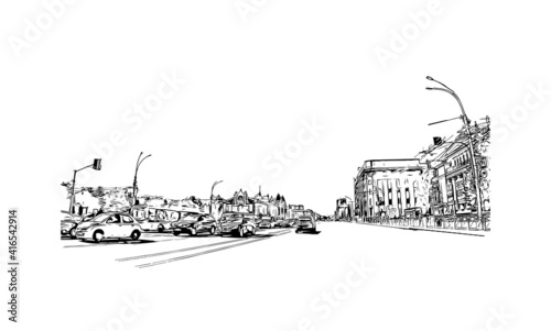 Building view with landmark of Novosibirsk is the
city in Russia. Hand drawn sketch illustration in vector.