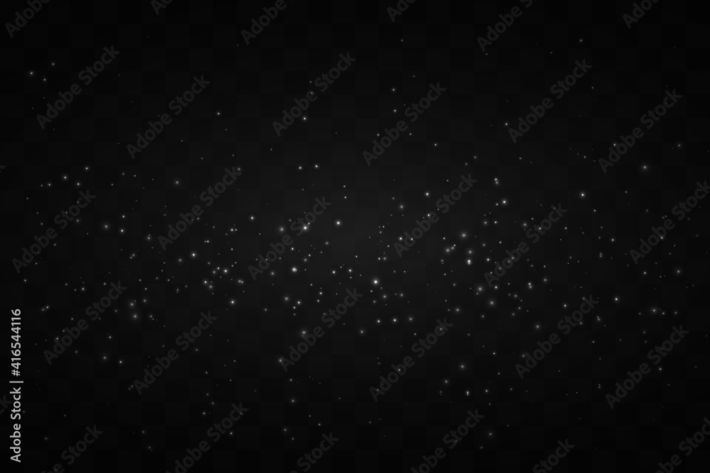 Dust white. White sparks and golden stars shine with special light. Vector sparkles on a transparent background. Christmas abstract pattern. Sparkling magical dust particles