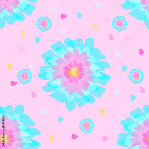 Floral seamless pattern with pink and blue colors on a pink background. Spring flowering elements. For textiles, wallpapers, backgrounds and postcards.