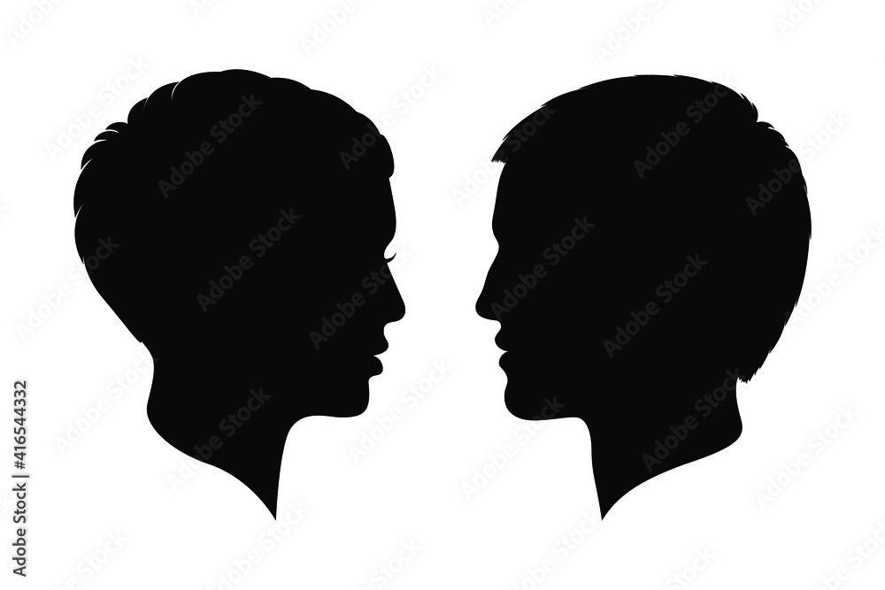 Man and woman heads silhouettes. Male and female profiles isolated on white background. Human heads symbols. Vector illustration