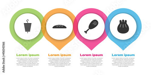 Set Grilled shish kebab, Bread loaf, Chicken leg and Khinkali on cutting board. Business infographic template. Vector.