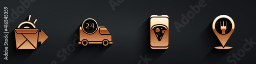 Set Online ordering noodles delivery, Fast delivery by car, Food ordering pizza and Cafe and restaurant location icon with long shadow. Vector.