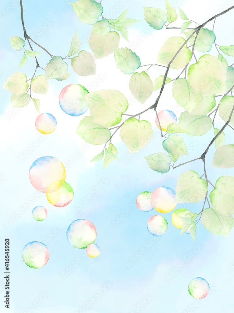 Fototapeta premium シャボン玉が飛ぶ緑の風景