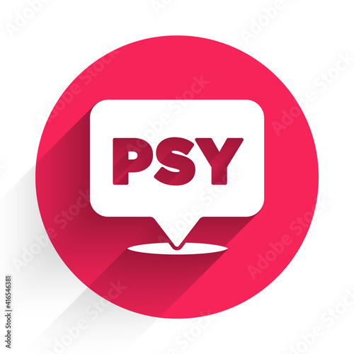 White Psychology icon isolated with long shadow. Psi symbol. Mental health concept, psychoanalysis analysis and psychotherapy. Red circle button. Vector.