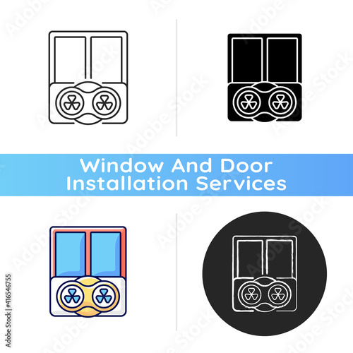 Window fans icon. Comfortable temperatures maintenance. Controlling air ventilation at home. Method for cooling rooms, apartments. Linear black and RGB color styles. Isolated vector illustrations