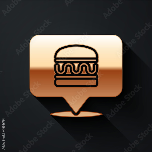Gold Online ordering and burger delivery icon isolated on black background. Long shadow style. Vector.