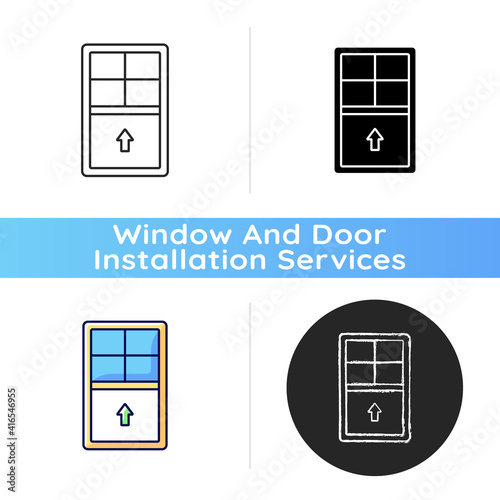 Single-hung windows icon. Single movable sash with raise from bottom. Natural ventilation control. Vertical-sliding window. Linear black and RGB color styles. Isolated vector illustrations