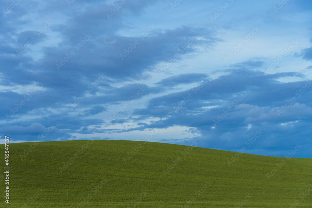 Rural landscape against blue sky.