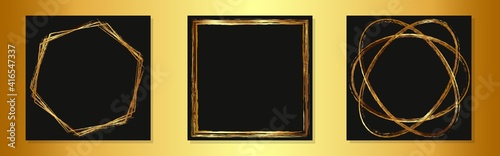 Set abstract golden frames for logo design, packaging, etiquette, photos, invitations, cards. Gold watercolor frames on a dark background.
