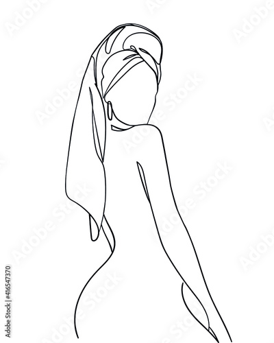 Woman Body With Towel On Head Line Art.  - Vector illustration