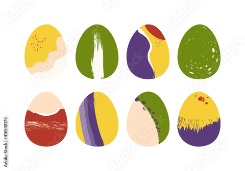 Conceptual design of Easter eggs. Abstract style trend illustrations. Spots, swears, lines. Vector isolated on white background.