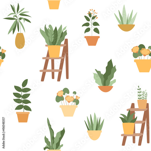 Seamless pattern with home plants in yellow and orange pots. Succulents, abstract flowers, lush foliage on decorative wooden stand ladder. Vector illustration isolated on white background