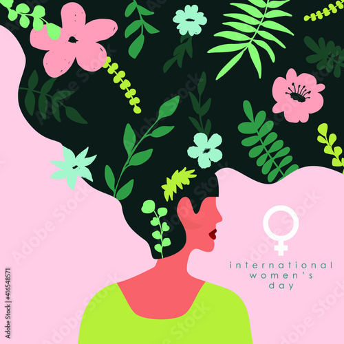 Happy Women's Day. Greeting card illustration. Women. Female symbol. Design for international women's event. Girl power. Flower blossom. Flower hair