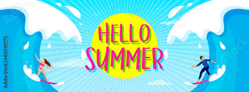 Hello! Summer banner vector illustration. Fun big wave surfing with bright sky