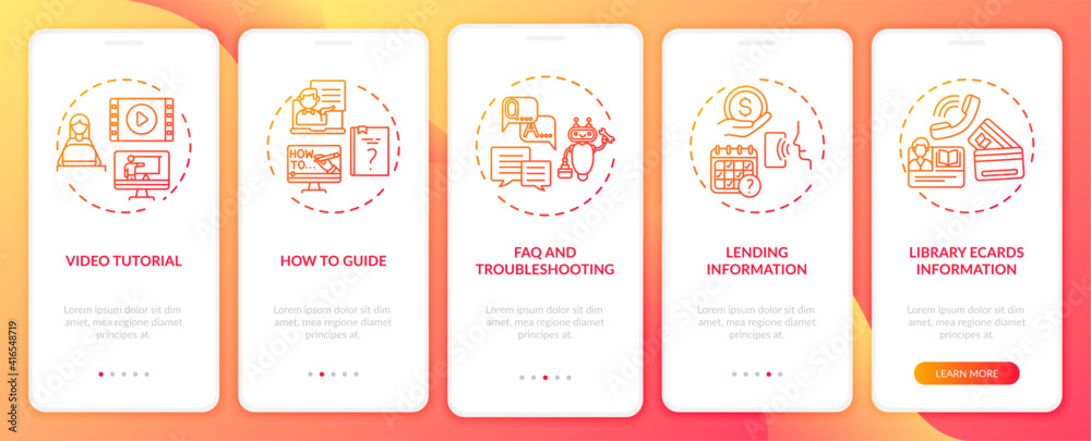 Fototapeta premium Online library helpline onboarding mobile app page screen with concepts. Helful lessons and guide walkthrough 5 steps graphic instructions. UI vector template with RGB color illustrations