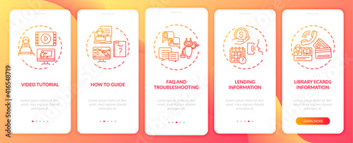 Online library helpline onboarding mobile app page screen with concepts. Helful lessons and guide walkthrough 5 steps graphic instructions. UI vector template with RGB color illustrations