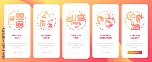 Online library search options onboarding mobile app page screen with concepts. Friendly searching interface walkthrough 5 steps graphic instructions. UI vector template with RGB color illustrations