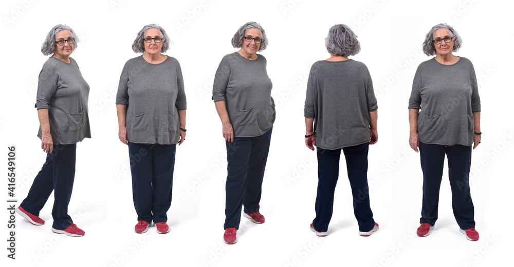 the same woman in sportswear with various poses on white background - obrazy, fototapety, plakaty 