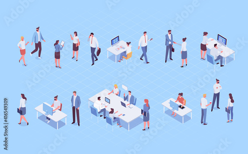 Isomeric office people vector set. Office life. Business people, Teamwork. Vector characters isolated on background..