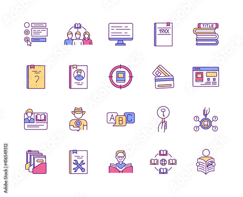 Online library RGB color icons set. Types of digital libraries. Free infromation access. Different types of books. Literature for adults, kids and teen. Digital learning. Isolated vector illustrations