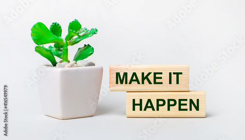On a light background, a plant in a pot and two wooden blocks with the text MAKE IT HAPPEN