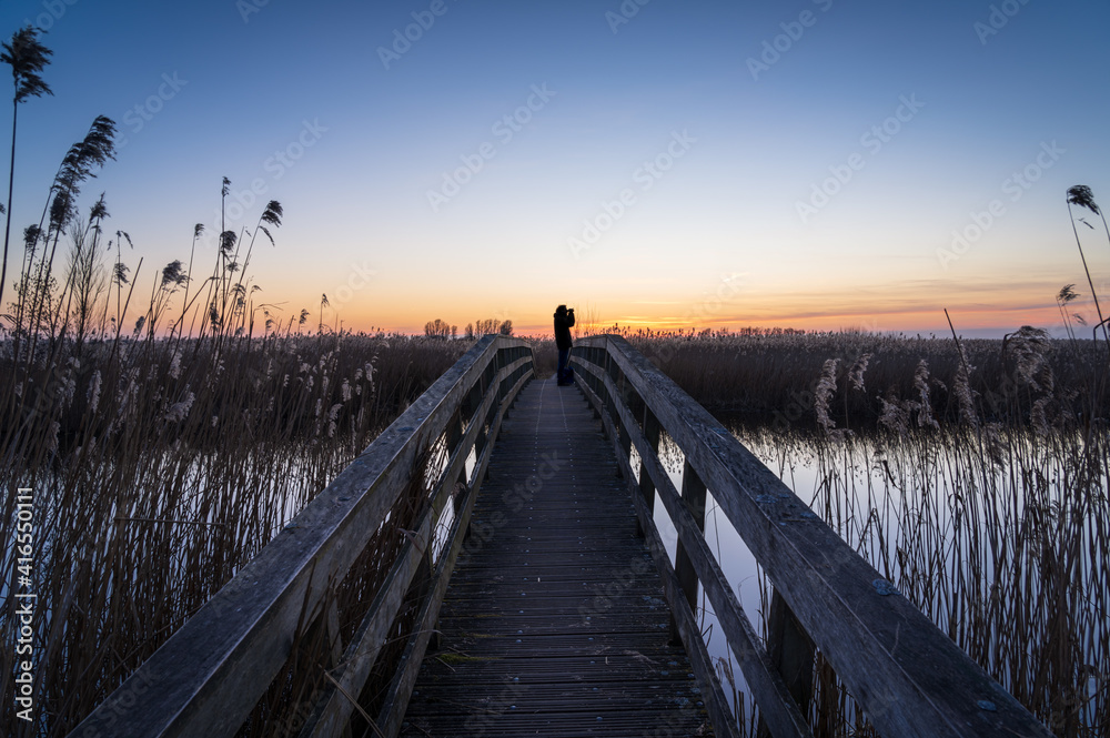 Naklejka premium Silhouette of a man on a small bridge, birdwatching during sunset in a nature reserve. 
