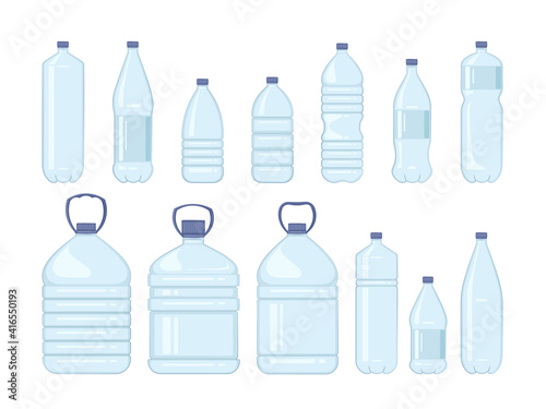 Plastic water bottle set isolated on white background. Ready design water bottle set. Beverage plastic, glass packaging, bottled water, cold water storage.