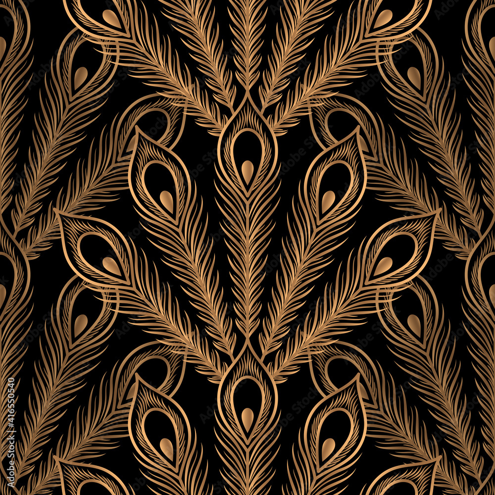 Peacock feathers luxury pattern seamless. Oriental gold black royal  background vector. Middle east design for gift wrapping paper, beauty spa,  yoga wallpaper, wedding party, birthday package, backdrop Stock Vector |  Adobe Stock