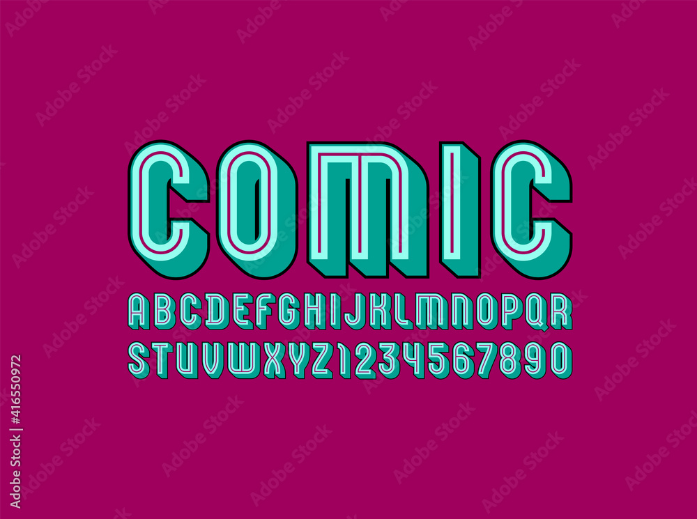 3D Font, trendy bright alphabet, retro condensed letters and numbers with line,, vector illustration 10eps