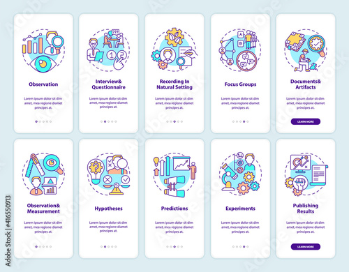 Science and scientific research onboarding mobile app page screen with concepts set. Publishing results walkthrough 5 steps graphic instructions. UI vector template with RGB color illustrations
