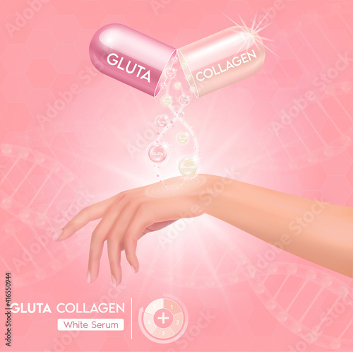 Pink glutathione and collagen pack with capsule and the third ingredient can be separated. On a light pink background. Healthy life medical and dietary supplement. Vector EPS10