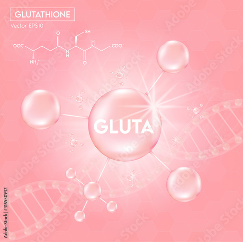 Pink glutathione pack with capsule and the third ingredient can be separated. On a light pink background. Healthy life medical and dietary supplement. Vector 3D photo