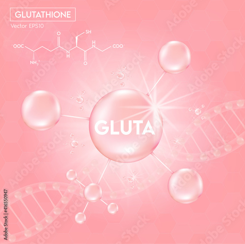 Pink glutathione pack with capsule and the third ingredient can be separated. On a light pink background. Healthy life medical and dietary supplement. Vector 3D