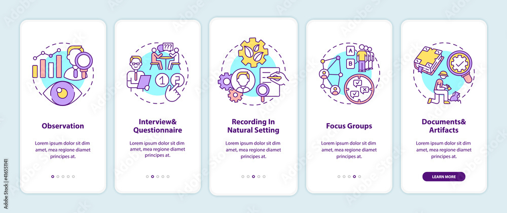Qualitative research techniques onboarding mobile app page screen with concepts. Method of collect and process walkthrough 5 steps graphic instructions. UI vector template with RGB color illustrations Qualitative research techniques onboarding mobile app page screen with concepts. Method of collect and process walkthrough 5 steps graphic instructions. UI vector template with RGB color illustrations