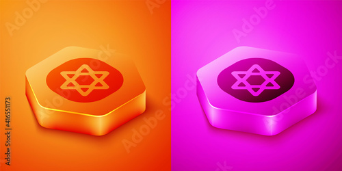 Isometric Tarot cards icon isolated on orange and pink background. Magic occult set of tarot cards. Hexagon button. Vector.