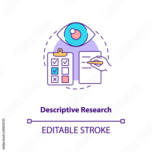 Descriptive research concept icon. Kind of scientific method idea thin line illustration. Process for analyzing and presenting data. Vector isolated outline RGB color drawing. Editable stroke
