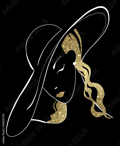 Grafisch silhouet van een modevrouw met grote hoed. Elegante luxe icoon. Vrouwelijk concept