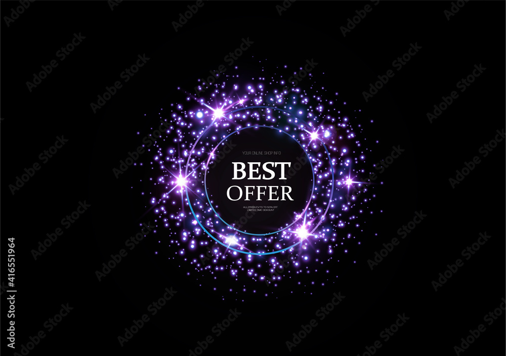 Gold sparks and gold stars sparkle with a special light effect. Golden banner for advertising. Christmas abstract. Vector illustration for stocks.