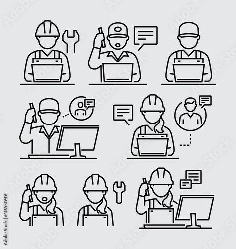 Engineering People. Engineer Working at Computer Talking on his Mobile Phone Vector Line Icons Set