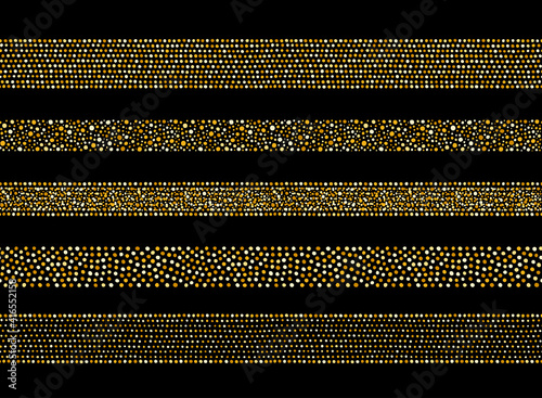 Golden dots, glittering spangles seamless borders set. Dotted wide stripes, ribbons decorations made of gold foil glittering beads, hand drawn uneven blobs, spots. Graphic design elements collection.