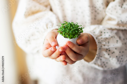 little girl holding cress saladin  eggshell in her hands	