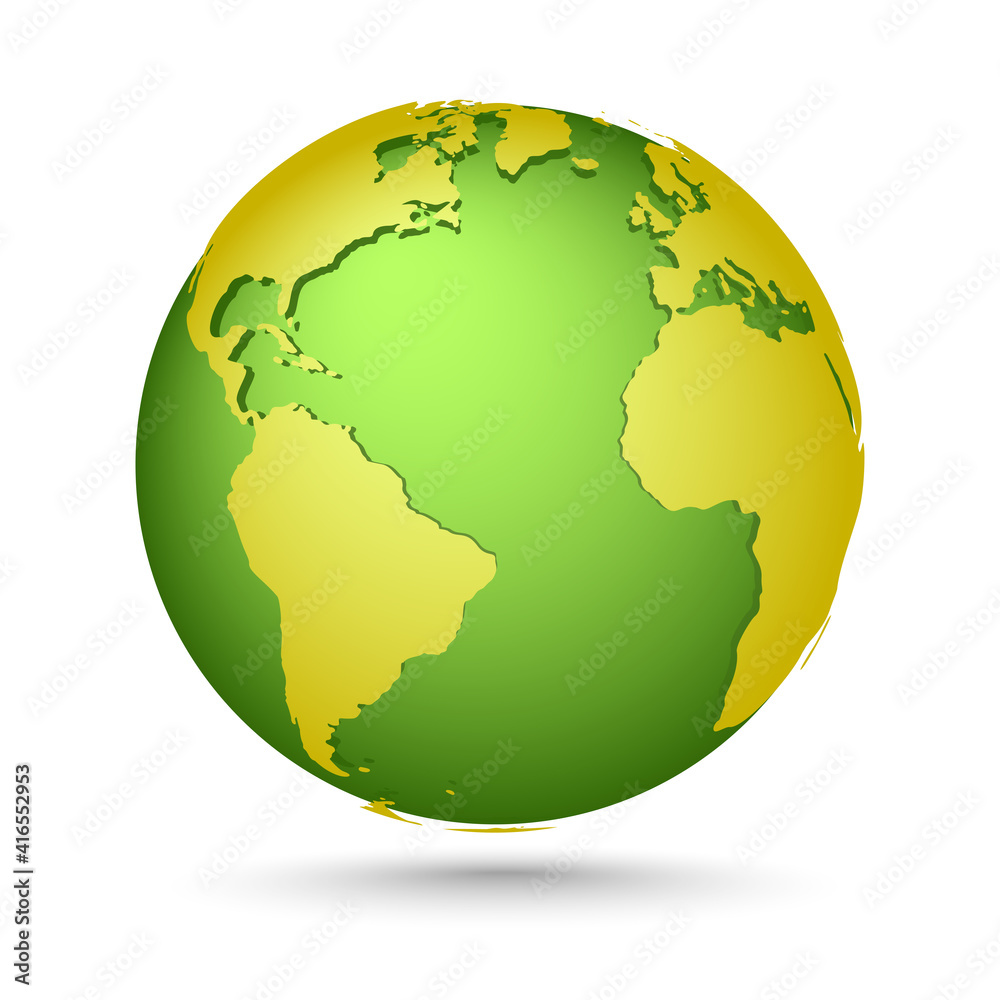 Yellow-green globe. Planet with continents Africa, Asia, Australia, Europe, North America and South America.